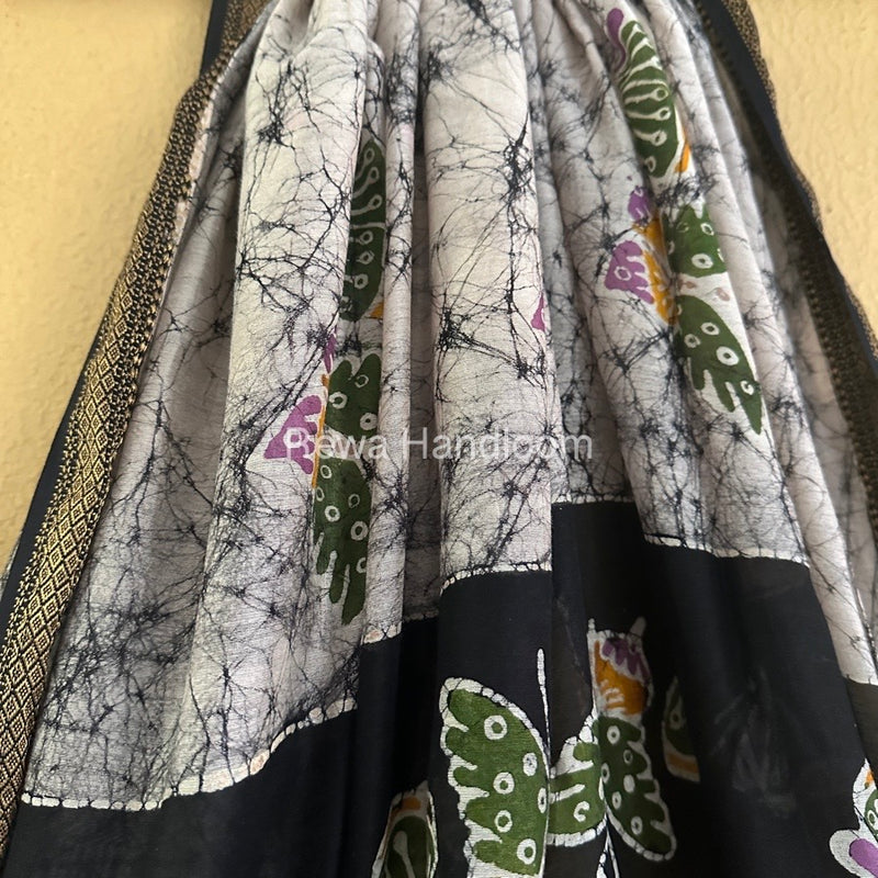 Maheshwari Black Batik Indonesian Print Saree IBS044