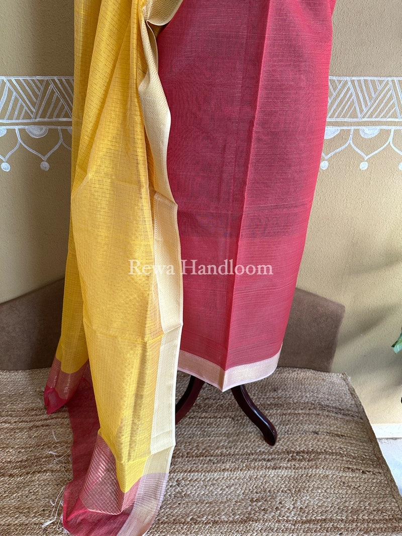Maheshwari Pink-Yellow Zari Checks Suit ZCS02
