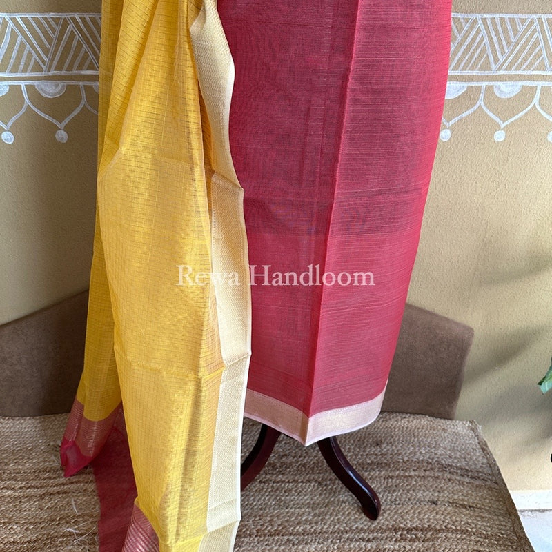 Maheshwari Pink-Yellow Zari Checks Suit ZCS02