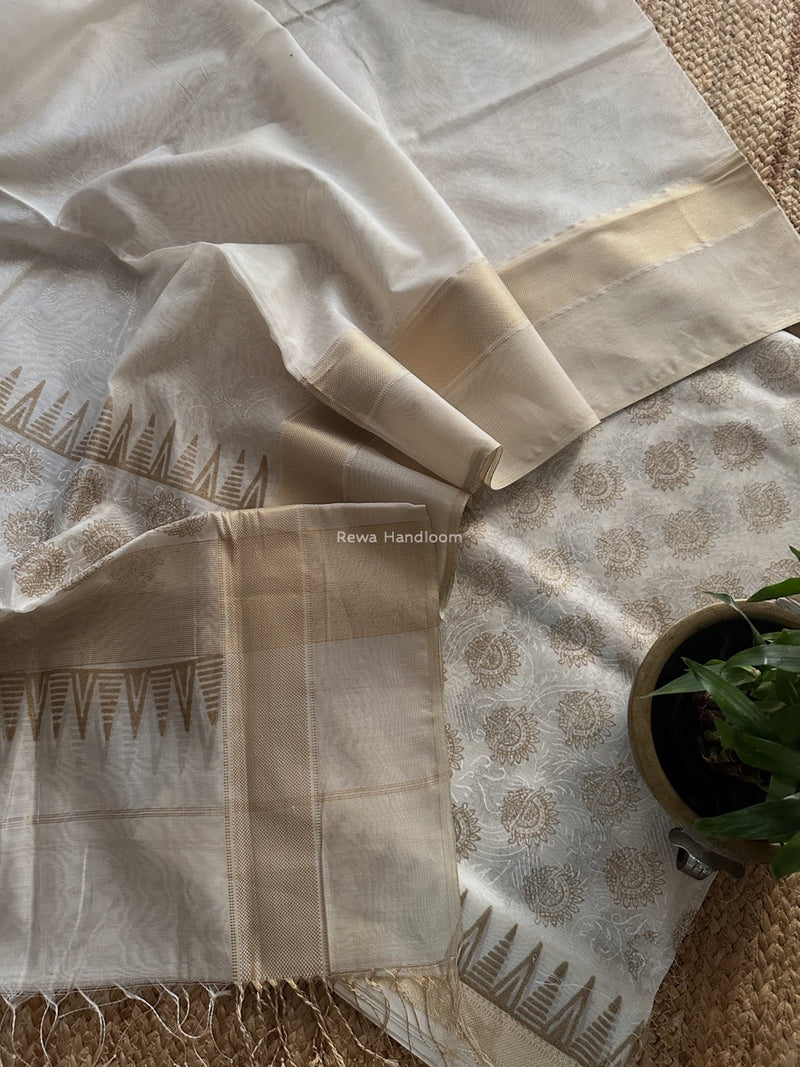Maheshwari White Handblock Print Top-Dupatta HBS0188