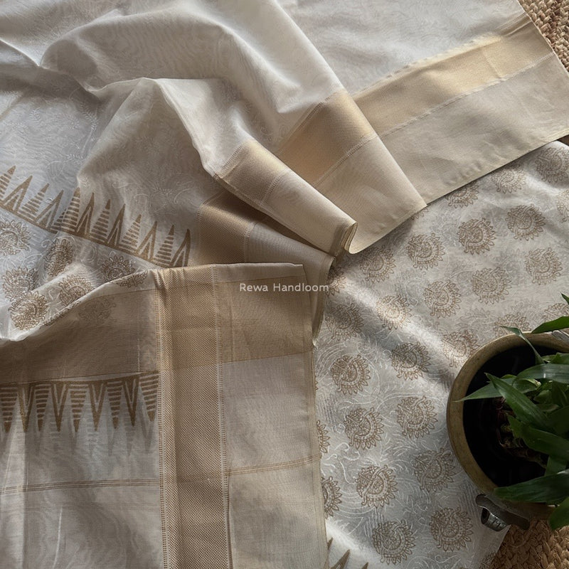 Maheshwari White Handblock Print Top-Dupatta HBS0188