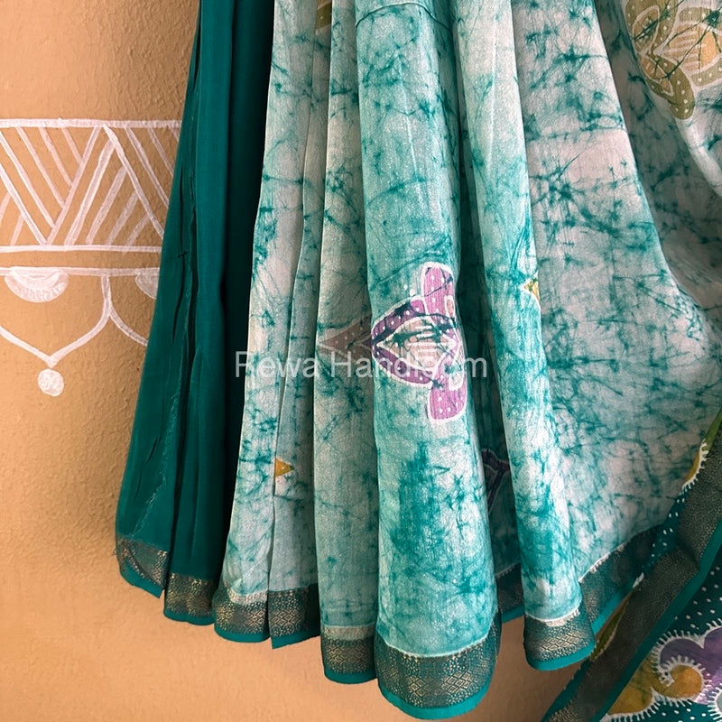 Maheshwari Green Batik Indonesian Print Saree IBS061