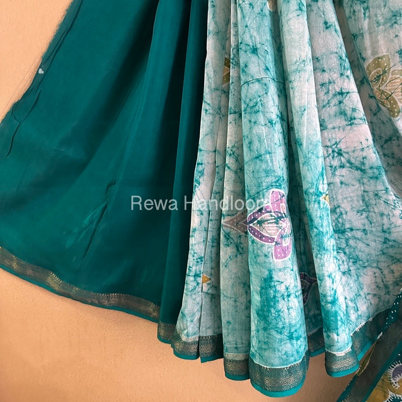 Maheshwari Green Batik Indonesian Print Saree IBS061