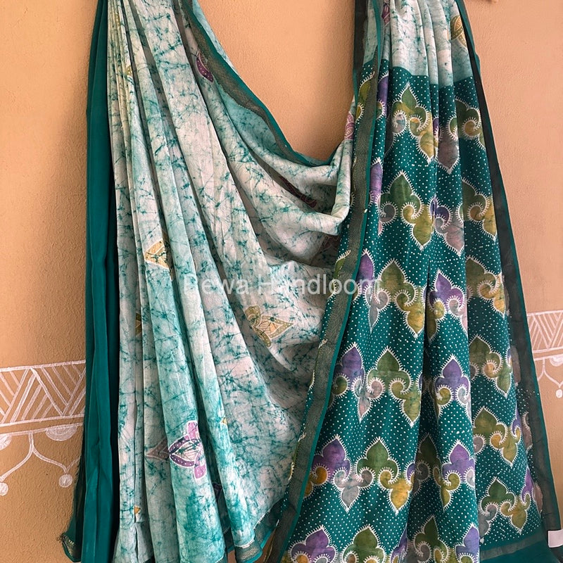 Maheshwari Green Batik Indonesian Print Saree IBS061