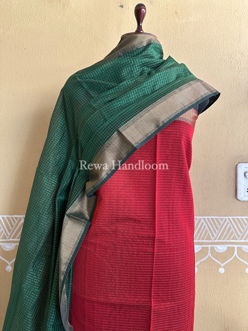 Maheshwari Red-Green Zari Checks Suit ZCS05