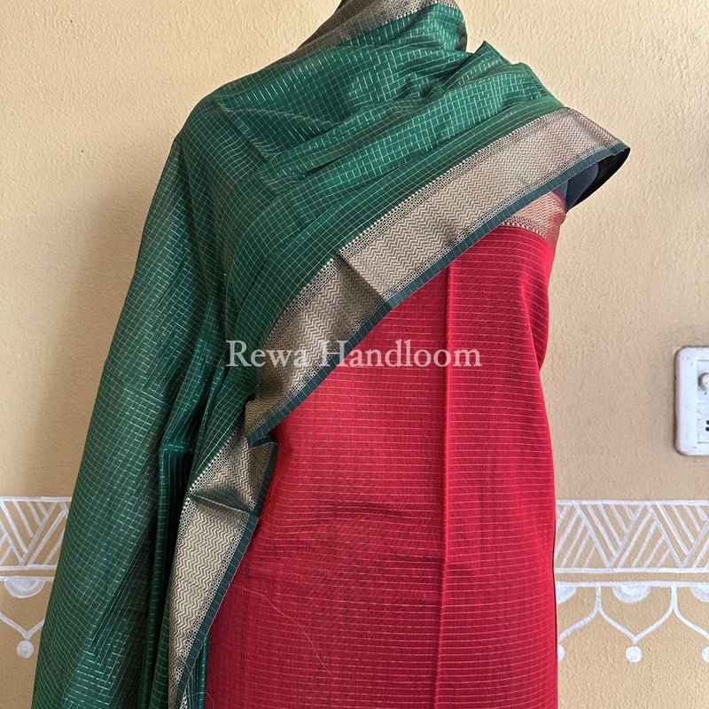 Maheshwari Red-Green Zari Checks Suit ZCS05