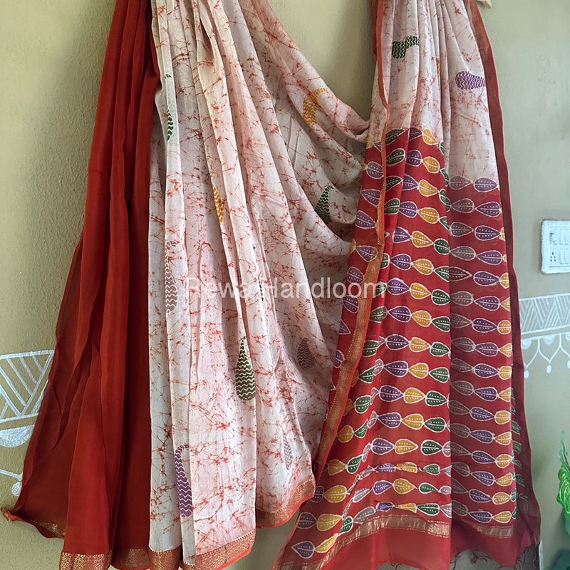 Maheshwari Red Batik Indonesian Print Saree IBS051