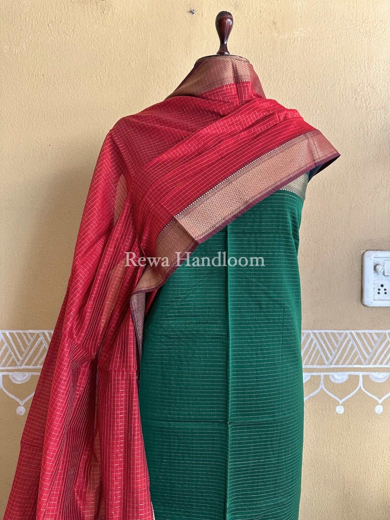 Maheshwari Green-Red Zari Checks Suit ZCS07