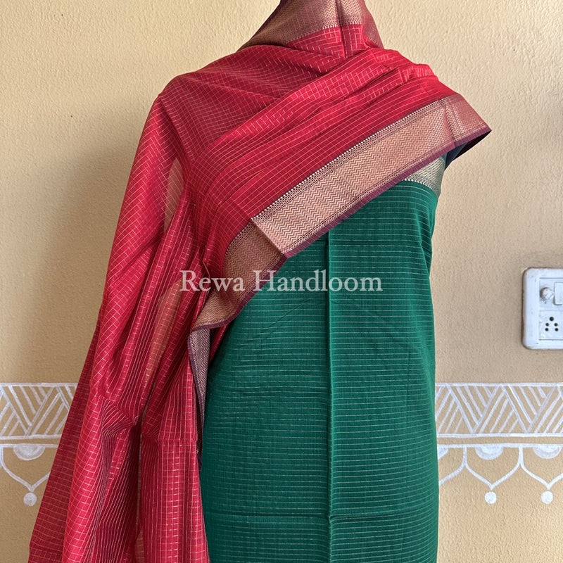 Maheshwari Green-Red Zari Checks Suit ZCS07