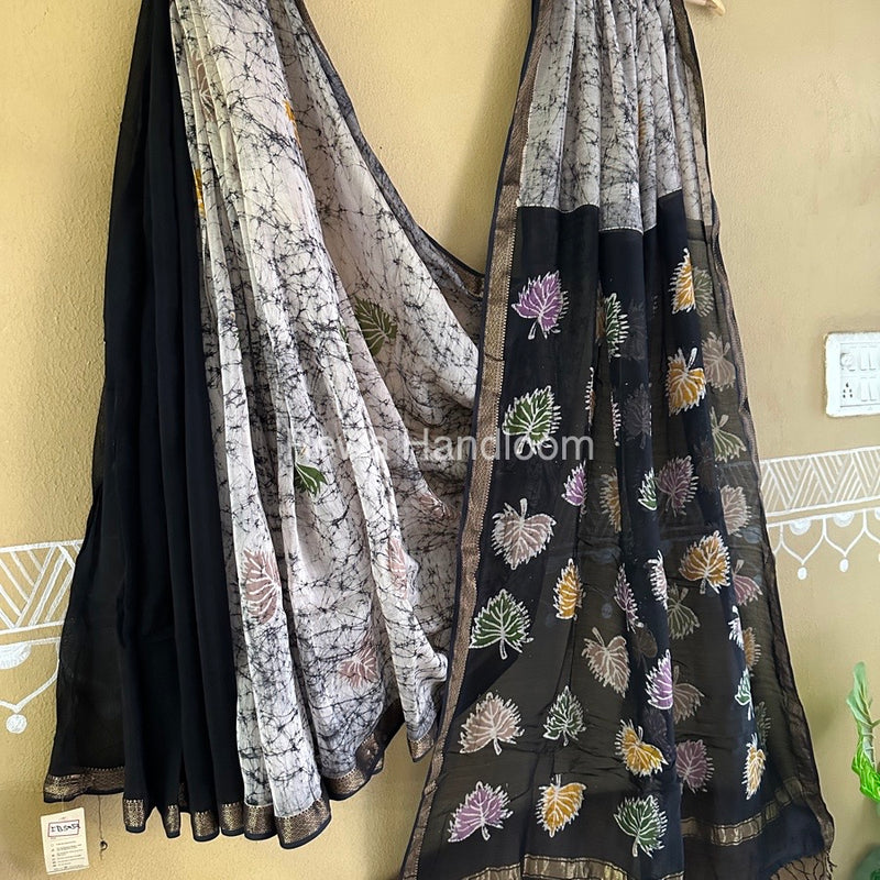 Maheshwari Black Batik Indonesian Print Saree IBS052