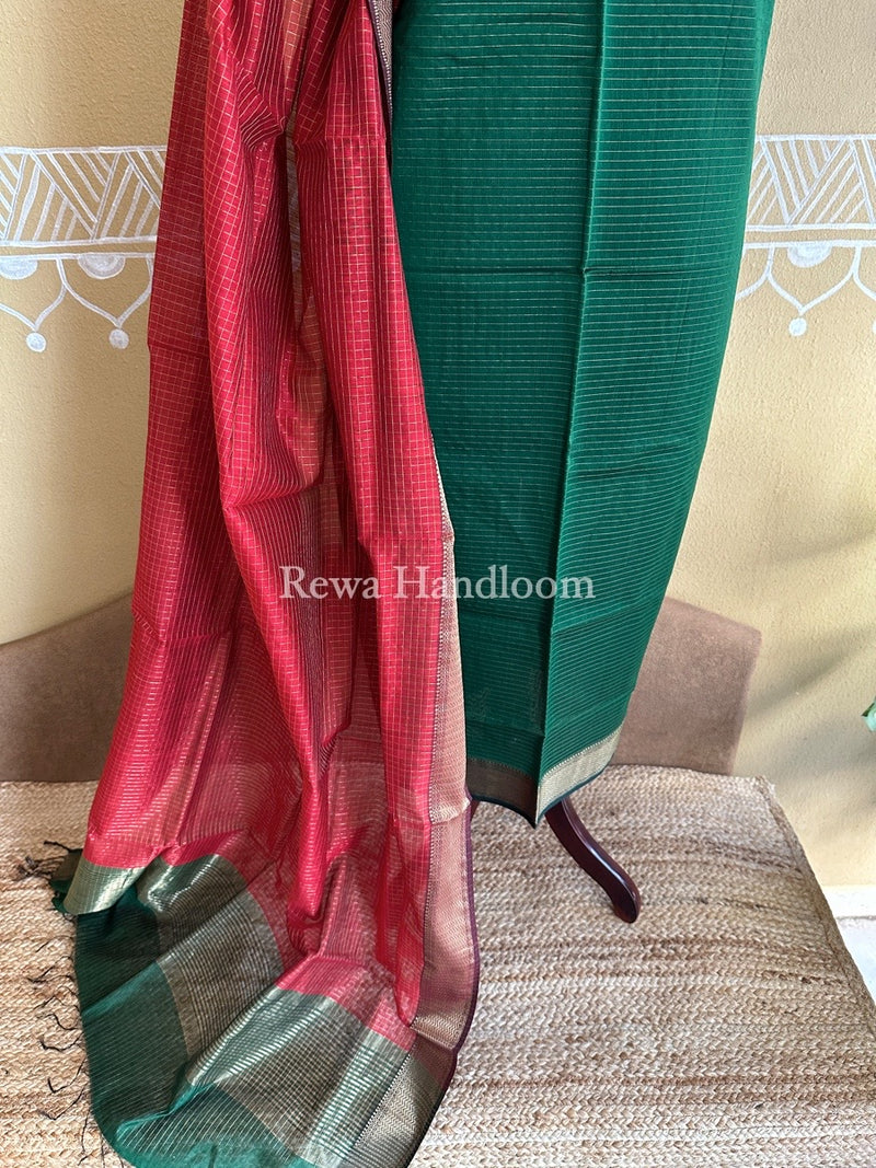 Maheshwari Green-Red Zari Checks Suit ZCS07