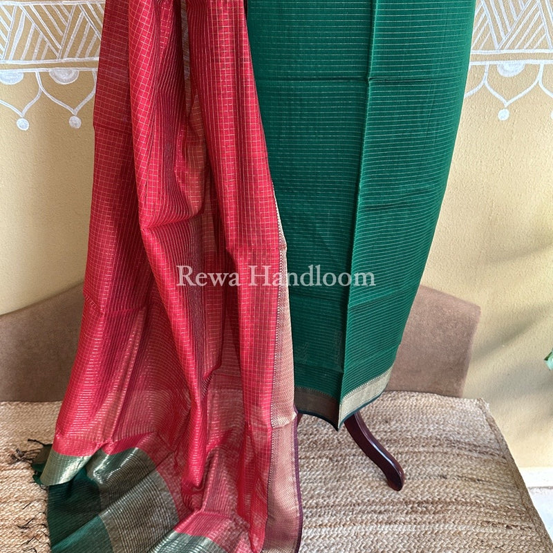 Maheshwari Green-Red Zari Checks Suit ZCS07