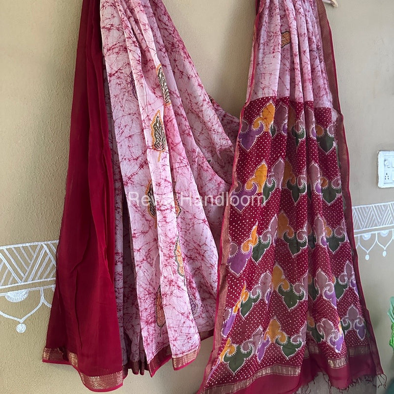 Maheshwari Pink Batik Indonesian Print Saree IBS0200