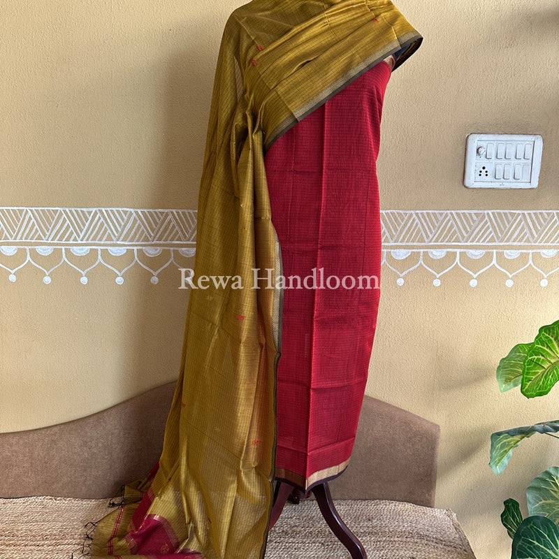 Maheshwari Red-Mustard Yellow Patti Butti Top-Dupatta Set PBS012