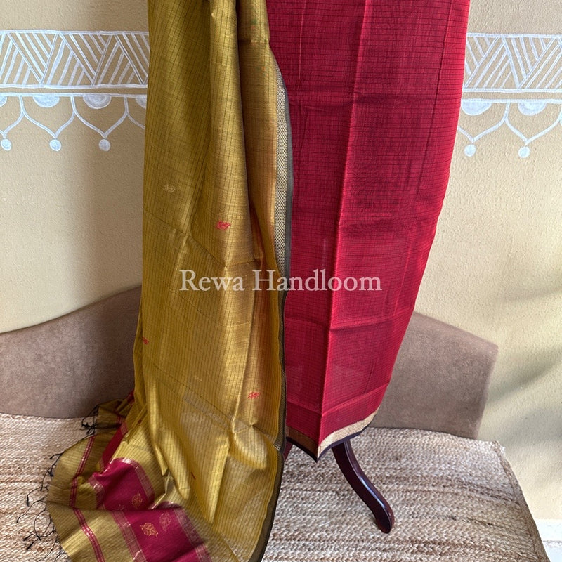 Maheshwari Red-Mustard Yellow Patti Butti Top-Dupatta Set PBS012