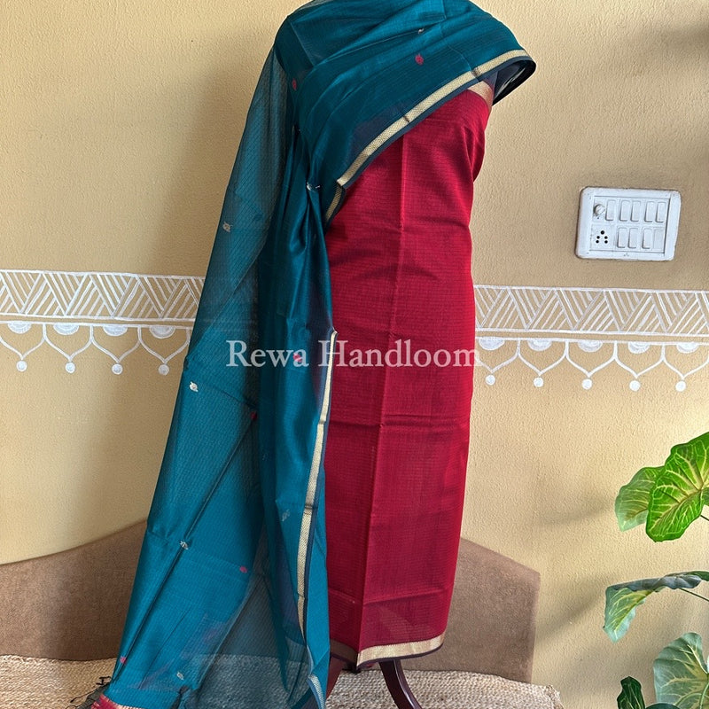 Maheshwari Red-Rama Green Patti Butti Top-Dupatta Set PBS05