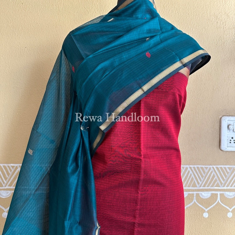 Maheshwari Red-Rama Green Patti Butti Top-Dupatta Set PBS05