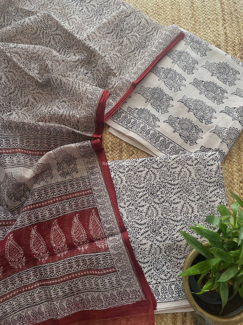 White-Black Bagh Print Cotton Suit KDS011