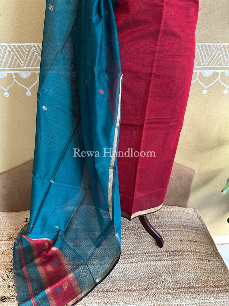 Maheshwari Red-Rama Green Patti Butti Top-Dupatta Set PBS05