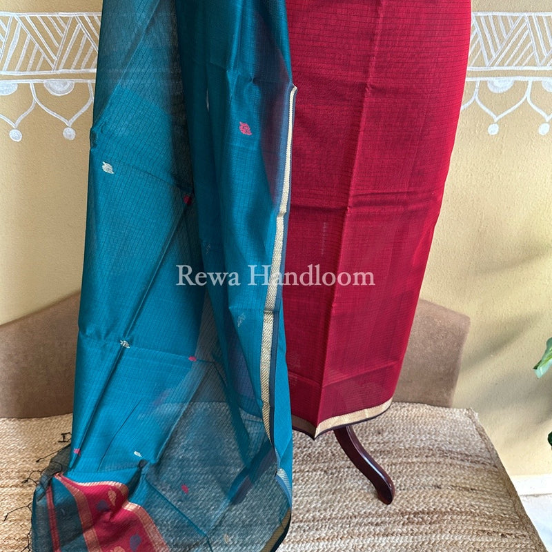 Maheshwari Red-Rama Green Patti Butti Top-Dupatta Set PBS05