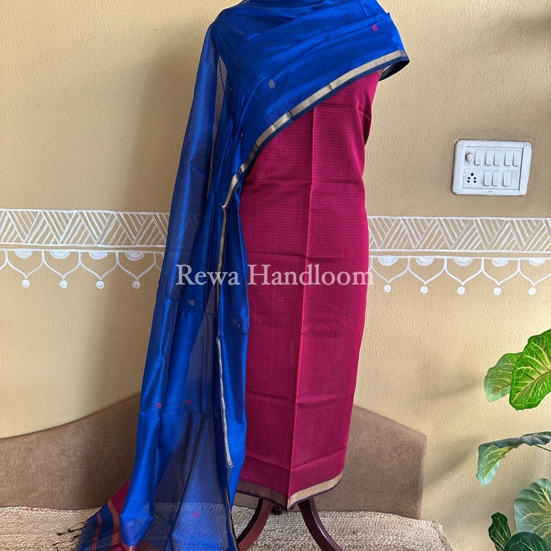 Maheshwari Magenta-Dark Blue Patti Butti Top-Dupatta Set PBS08