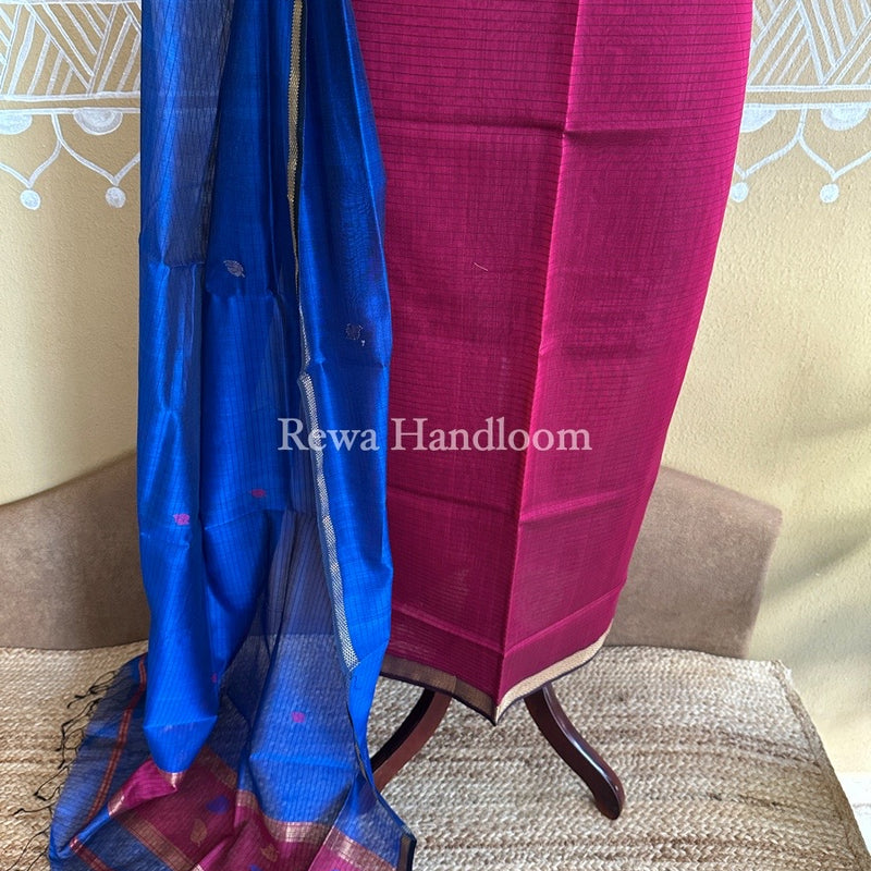 Maheshwari Magenta-Dark Blue Patti Butti Top-Dupatta Set PBS08