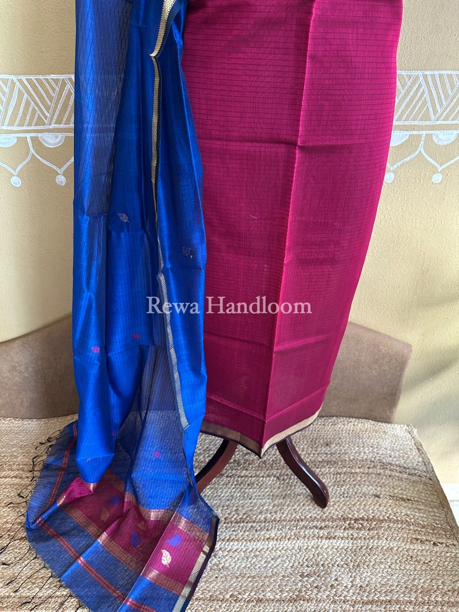 Maheshwari Magenta-Dark Blue Patti Butti Top-Dupatta Set PBS08