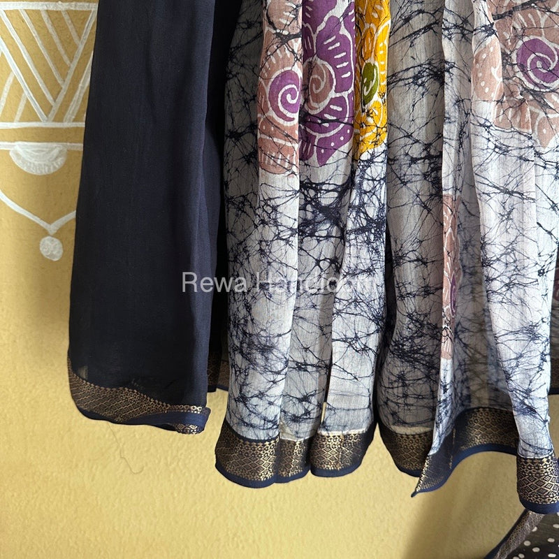 Maheshwari Navy Blue Batik Indonesian Print Saree IBS027