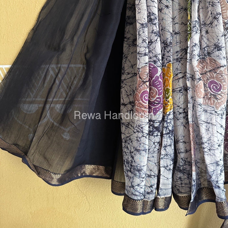 Maheshwari Navy Blue Batik Indonesian Print Saree IBS027