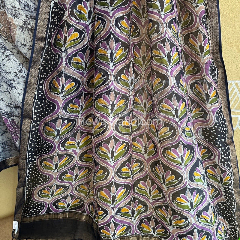 Maheshwari Navy Blue Batik Indonesian Print Saree IBS027