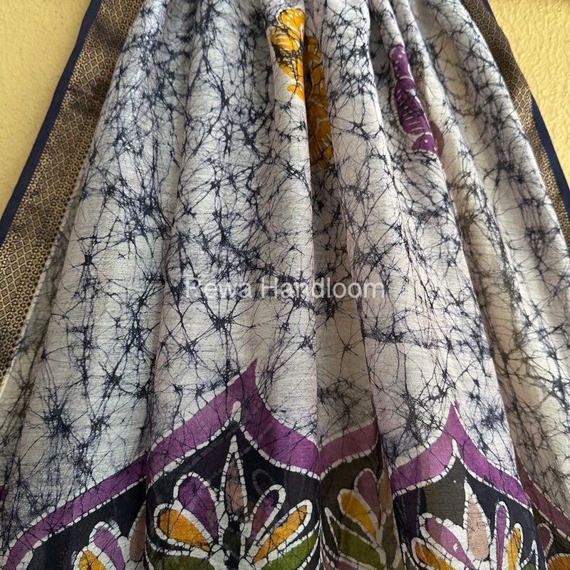 Maheshwari Navy Blue Batik Indonesian Print Saree IBS027