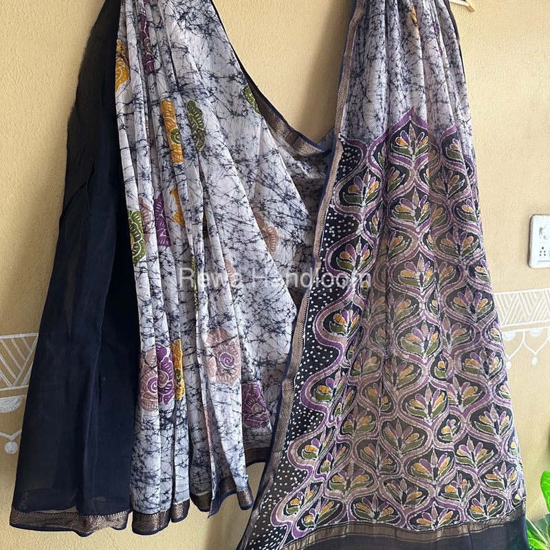 Maheshwari Navy Blue Batik Indonesian Print Saree IBS027