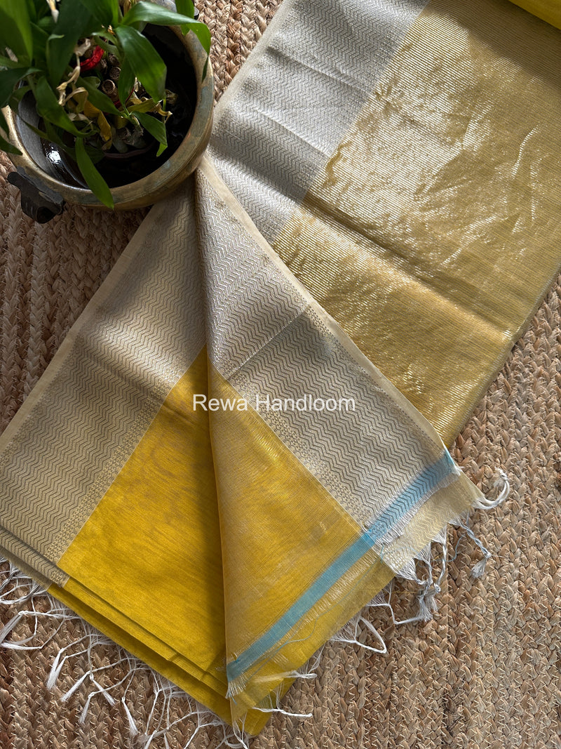 Maheshwari Dark Yellow Silver Butti Saree SGSB022 by Rewa Handloom