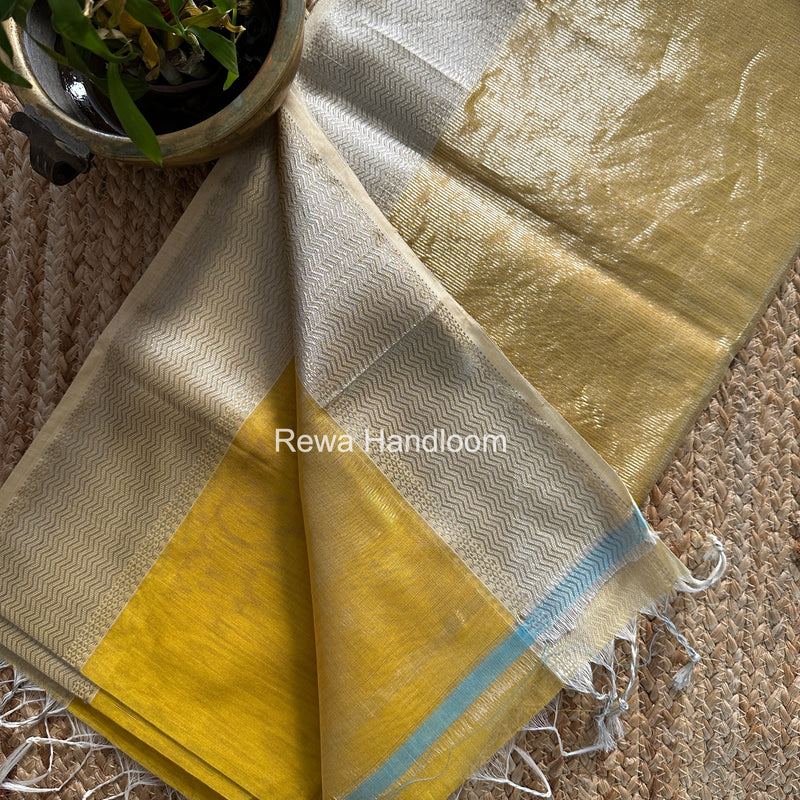 Maheshwari Dark Yellow Silver Butti Saree SGSB022 by Rewa Handloom