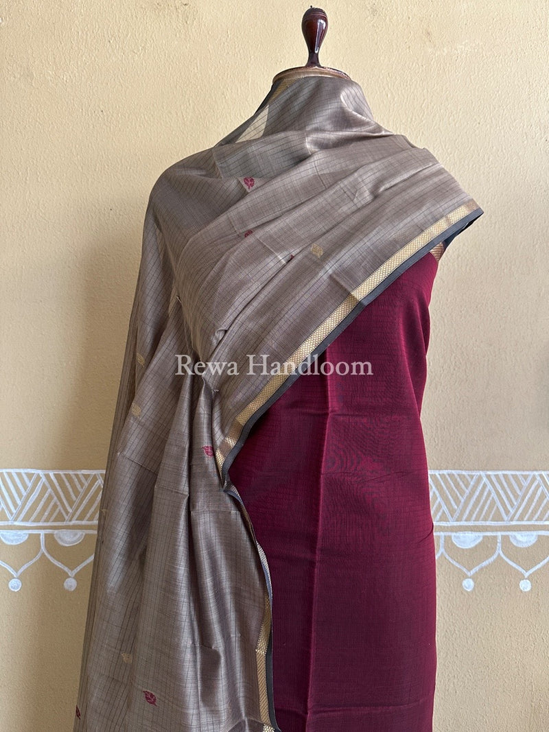 Maheshwari Maroon-Beige Patti Butti Top-Dupatta Set PBS04
