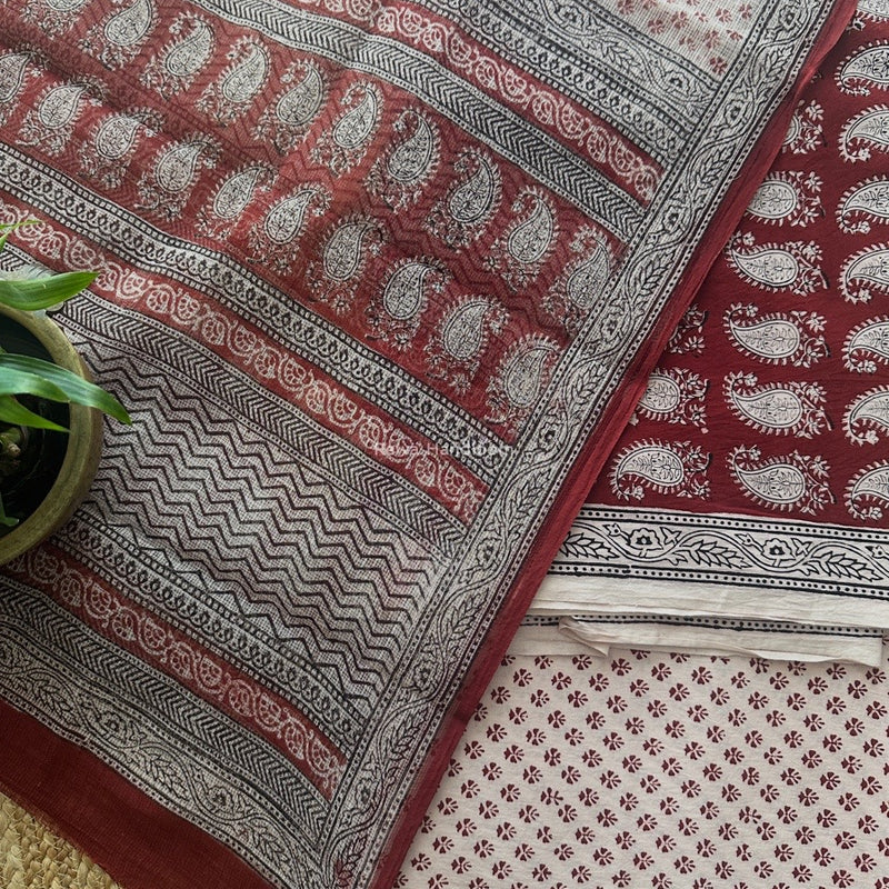 Red-White Bagh Print Cotton Suit KDS02