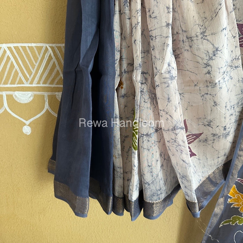 Maheshwari Grey Batik Indonesian Print Saree IBS041