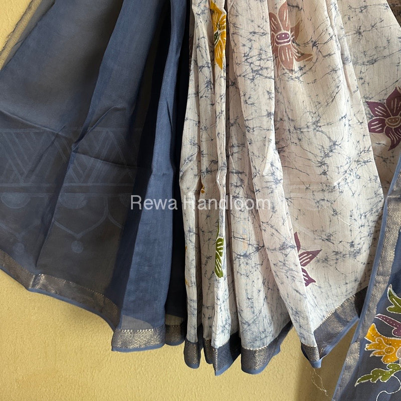 Maheshwari Grey Batik Indonesian Print Saree IBS041