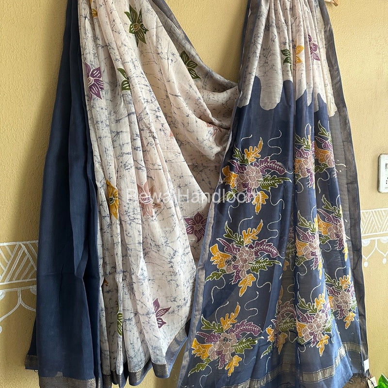 Maheshwari Grey Batik Indonesian Print Saree IBS041