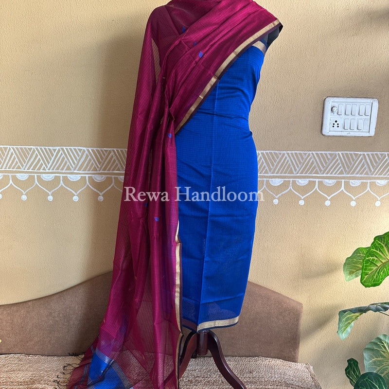 Maheshwari Blue-Magenta Patti Butti Top-Dupatta Set PBS02
