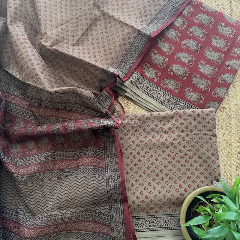 Maroon-Dark Beige Bagh Print Cotton Suit KDS09