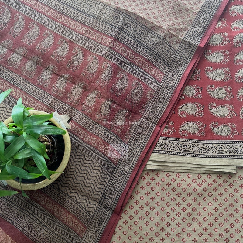 Maroon-Dark Beige Bagh Print Cotton Suit KDS09