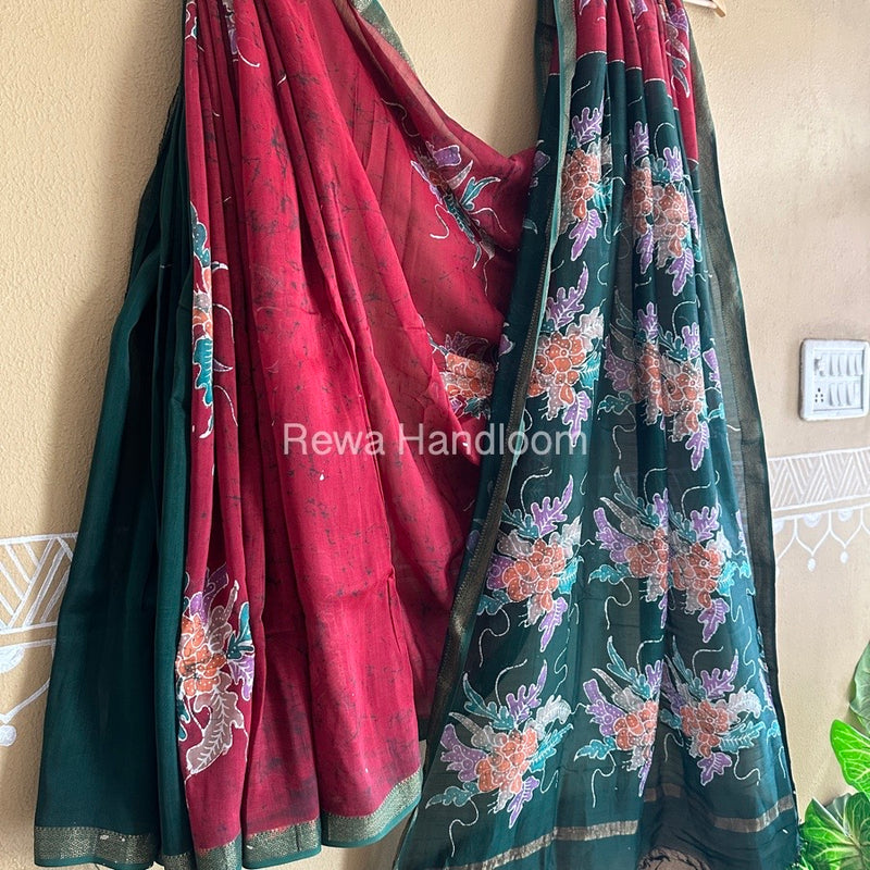 Maheshwari Red Batik Indonesian Print Saree IBS01