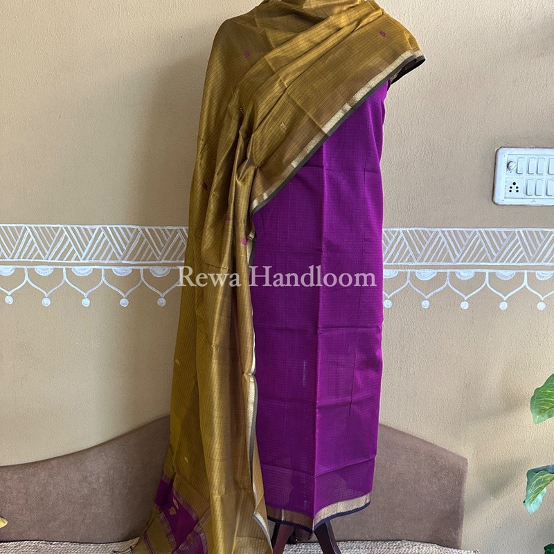 Maheshwari Dark Purple-Mustard Yellow Patti Butti Top-Dupatta Set PBS010
