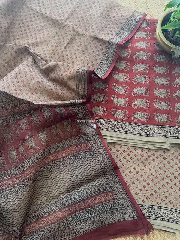 Beige Bagh Print Cotton Suit