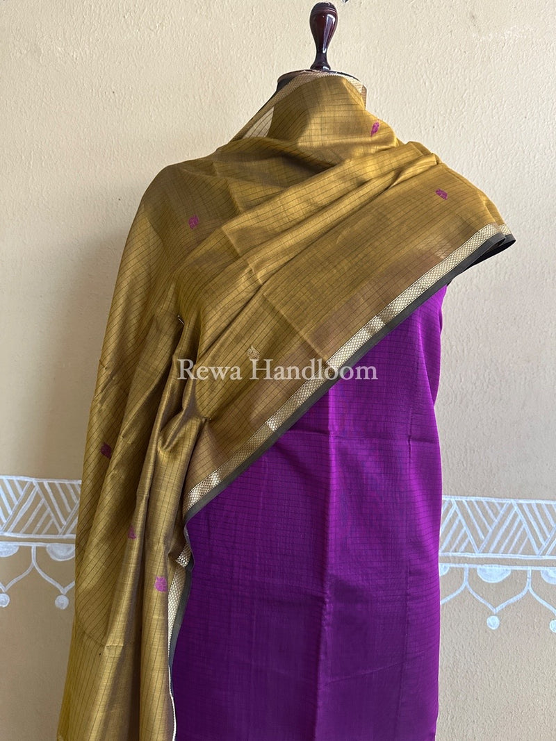 Maheshwari Dark Purple-Mustard Yellow Patti Butti Top-Dupatta Set PBS010