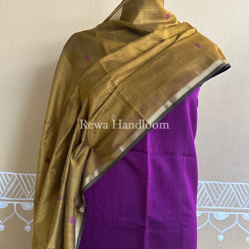 Maheshwari Dark Purple-Mustard Yellow Patti Butti Top-Dupatta Set PBS010