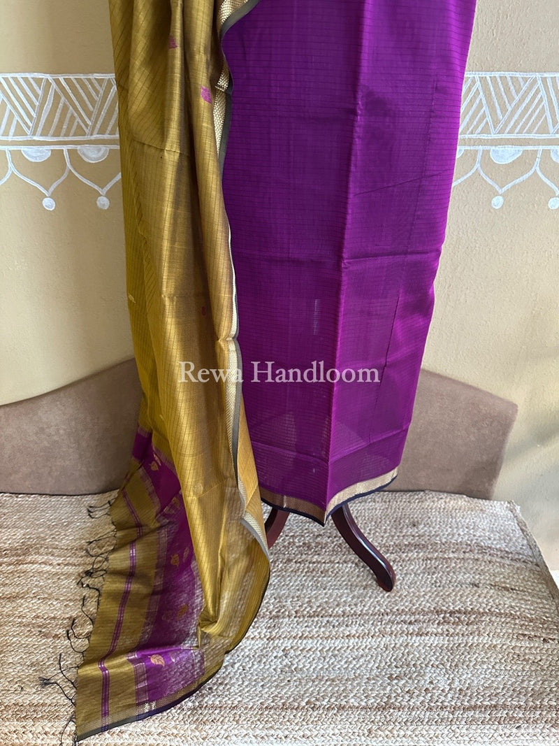 Maheshwari Dark Purple-Mustard Yellow Patti Butti Top-Dupatta Set PBS010