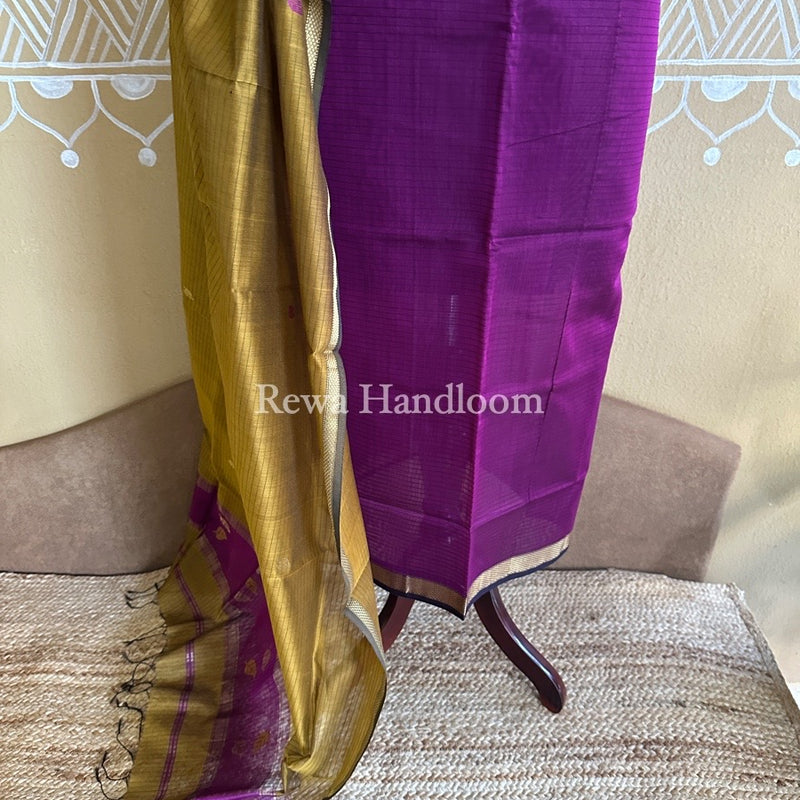 Maheshwari Dark Purple-Mustard Yellow Patti Butti Top-Dupatta Set PBS010