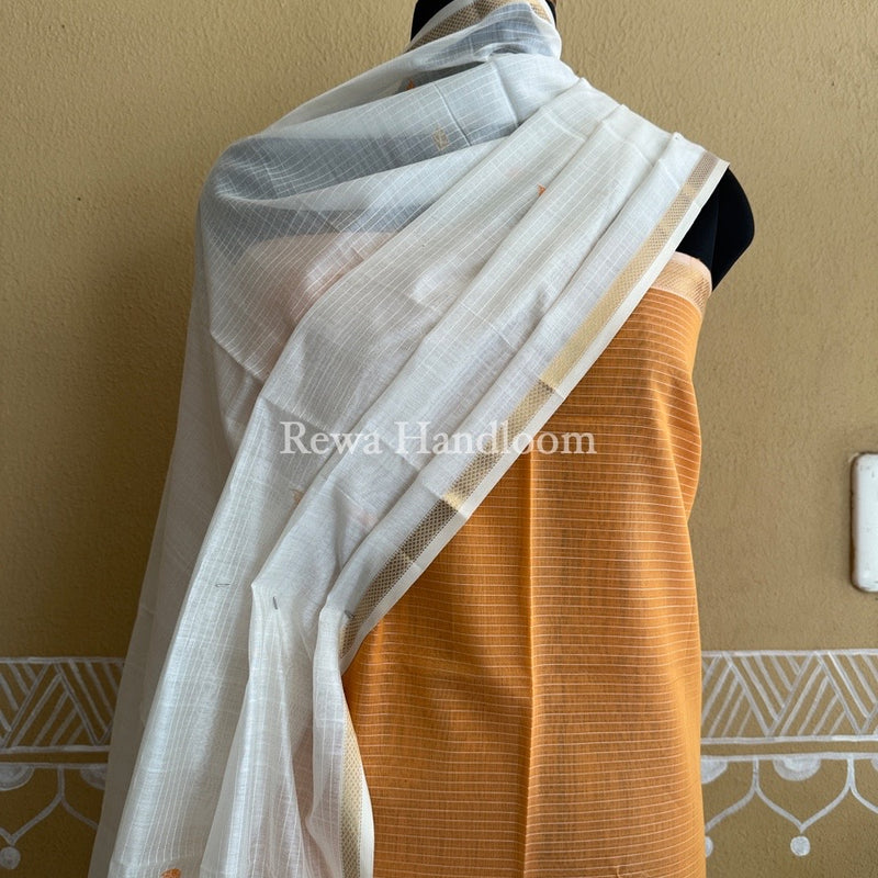 Maheshwari Light Orange-Off White Patti Butti Top-Dupatta Set BS01